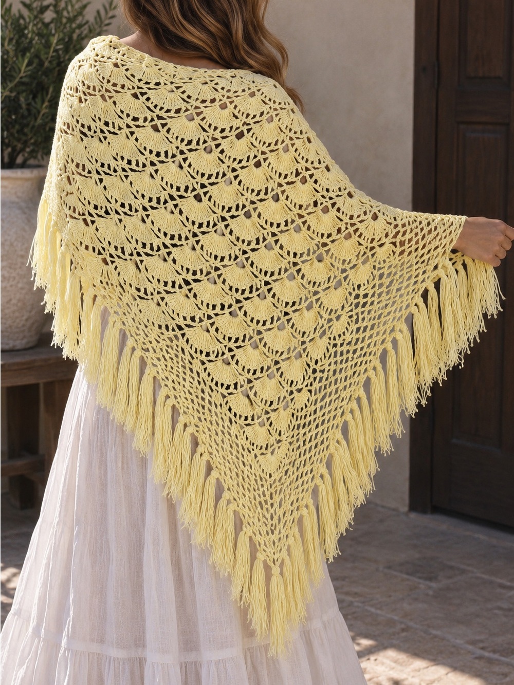 Lightweight Yellow Crochet Fringe Shawl